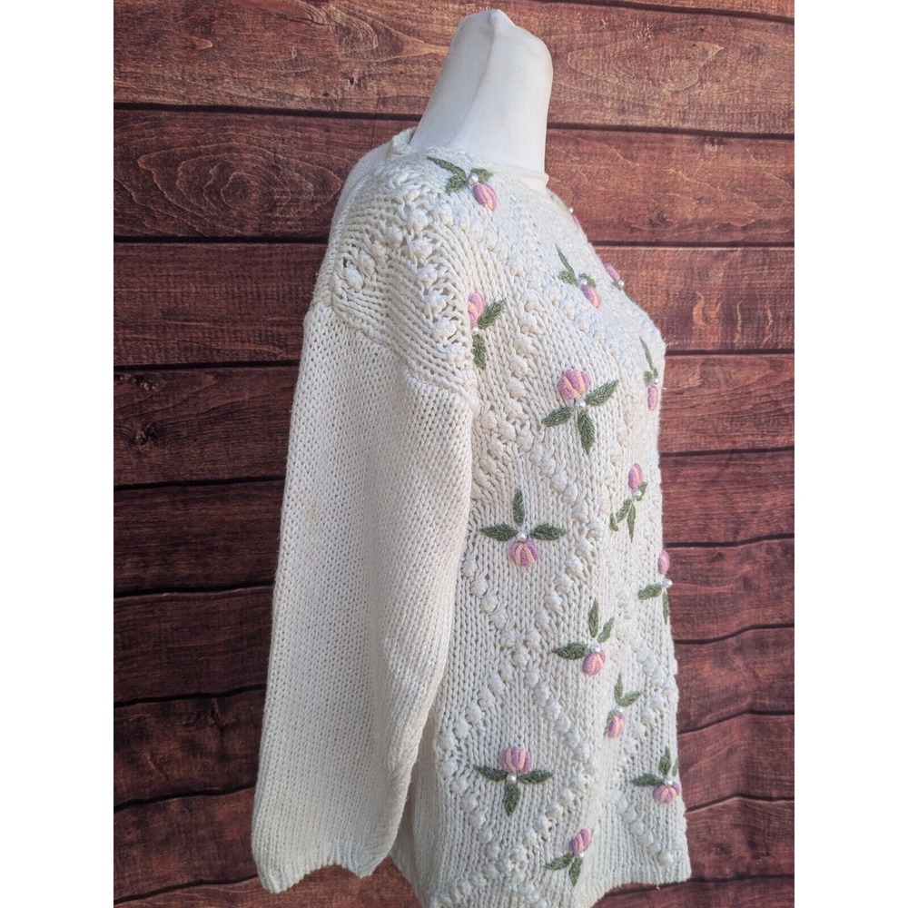 Vintage Pearl Bobble Knit Granny sweater rose bud lady slipper sz L 80s - Picture 2 of 10